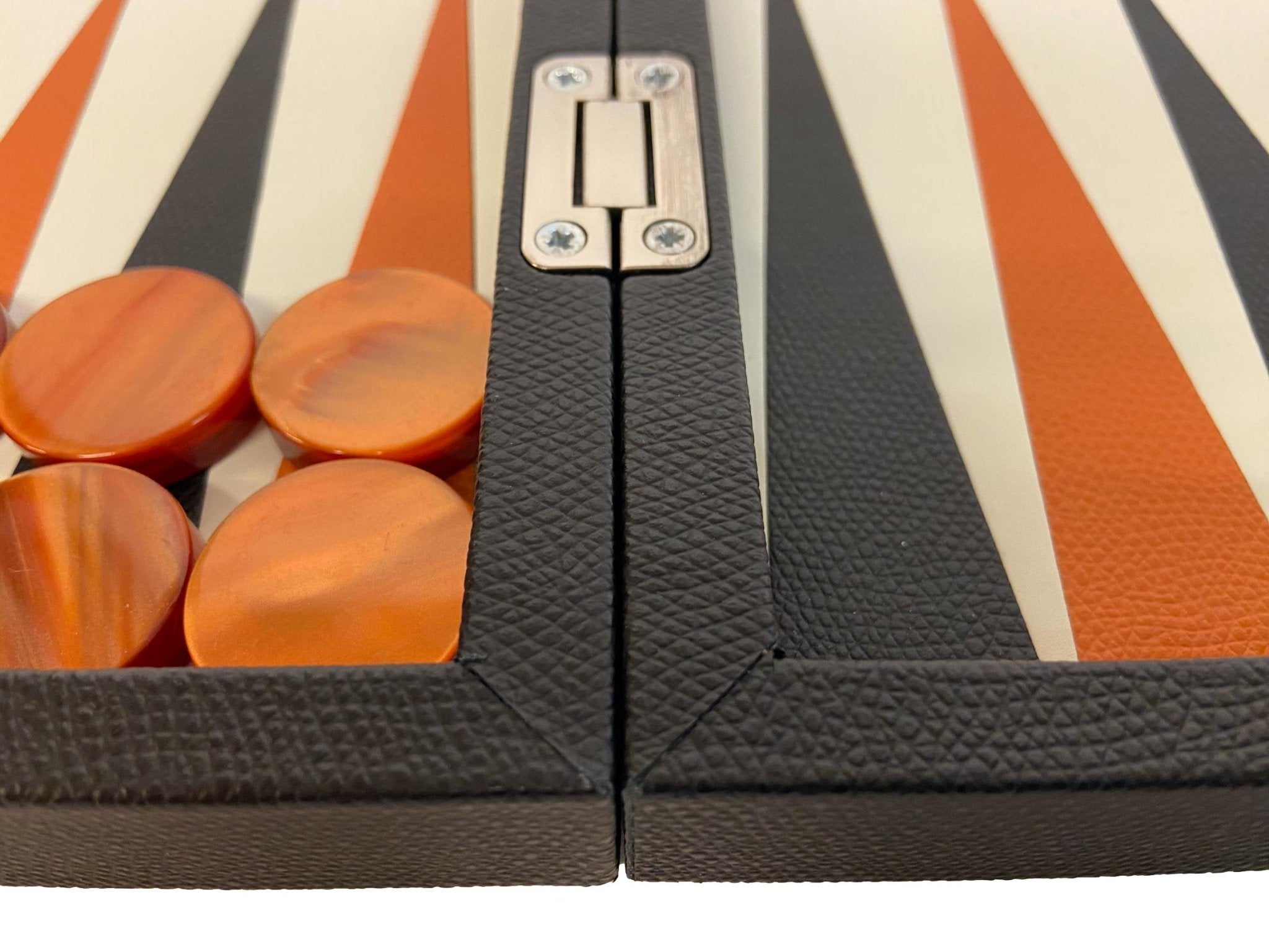 Backgammon Cuir véritable GM - Noir / Orange - Renzo Romagnoli - Backgammon en cuir cadeau bel objet - Rouge et Noir