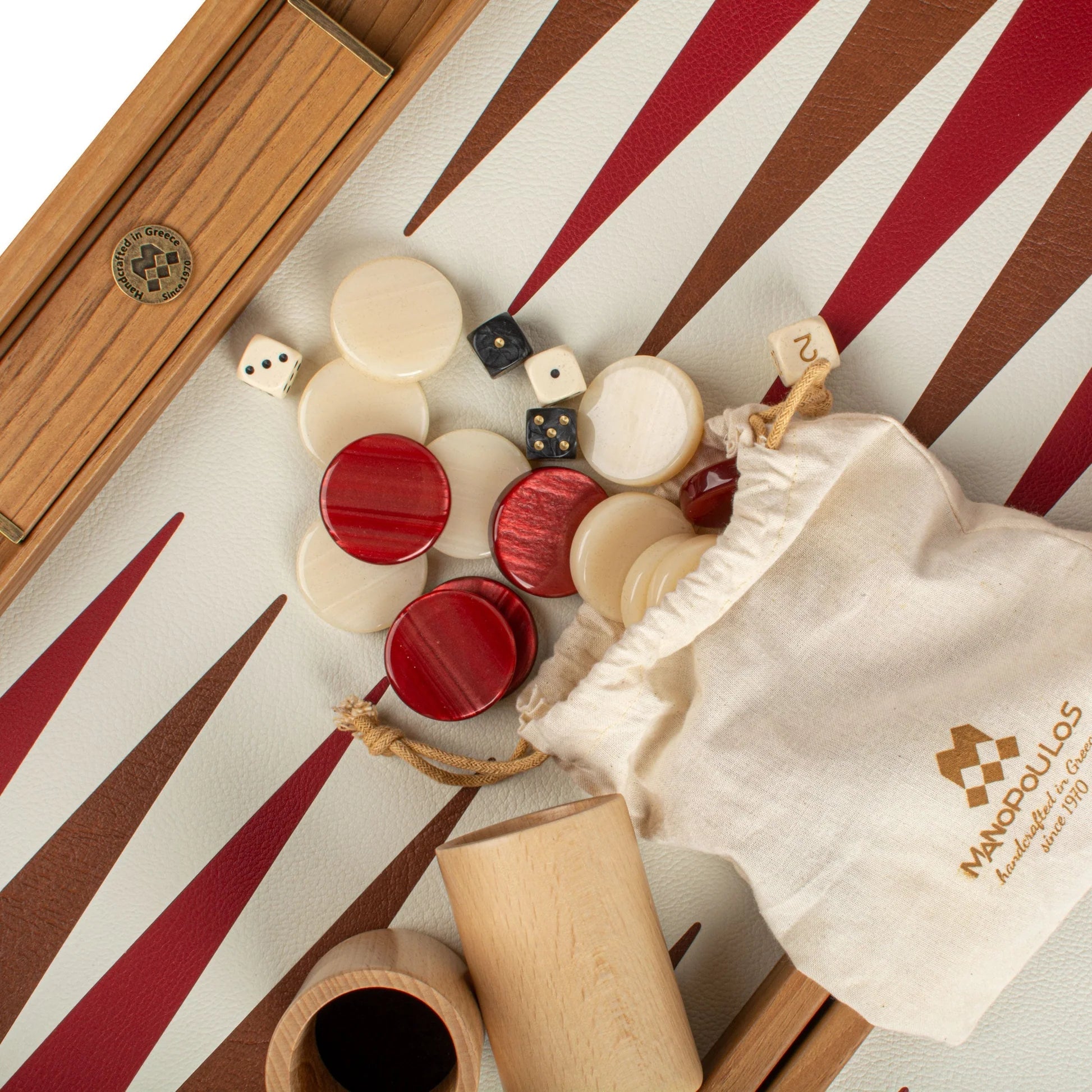Backgammon en Bois et Cuir Vegan - Framboise - Backgammon en bois marqueté et cuir vegan cadeau adulte - Rouge et Noir
