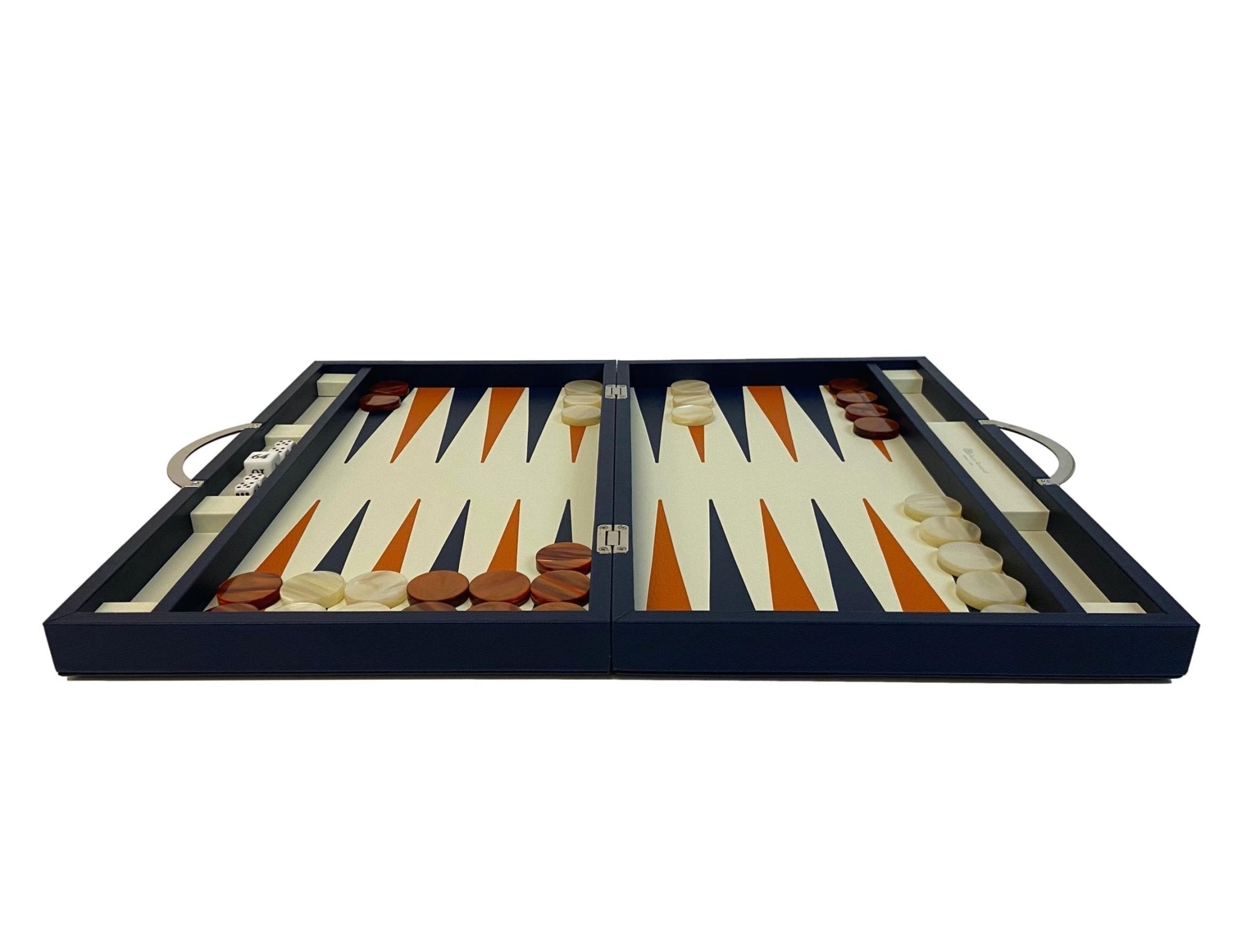 Backgammon en Cuir véritable MM - Bleu - Renzo Romagnoli - Backgammon en cuir bel objet - Rouge et Noir