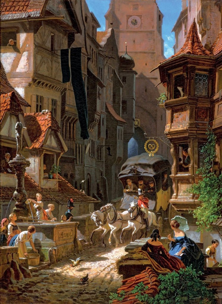 Puzzle MW - 1000 p - Arrivée de la diligence - Carl Spitzweg - Puzzle en bois Michèle Wilson - Rouge et Noir