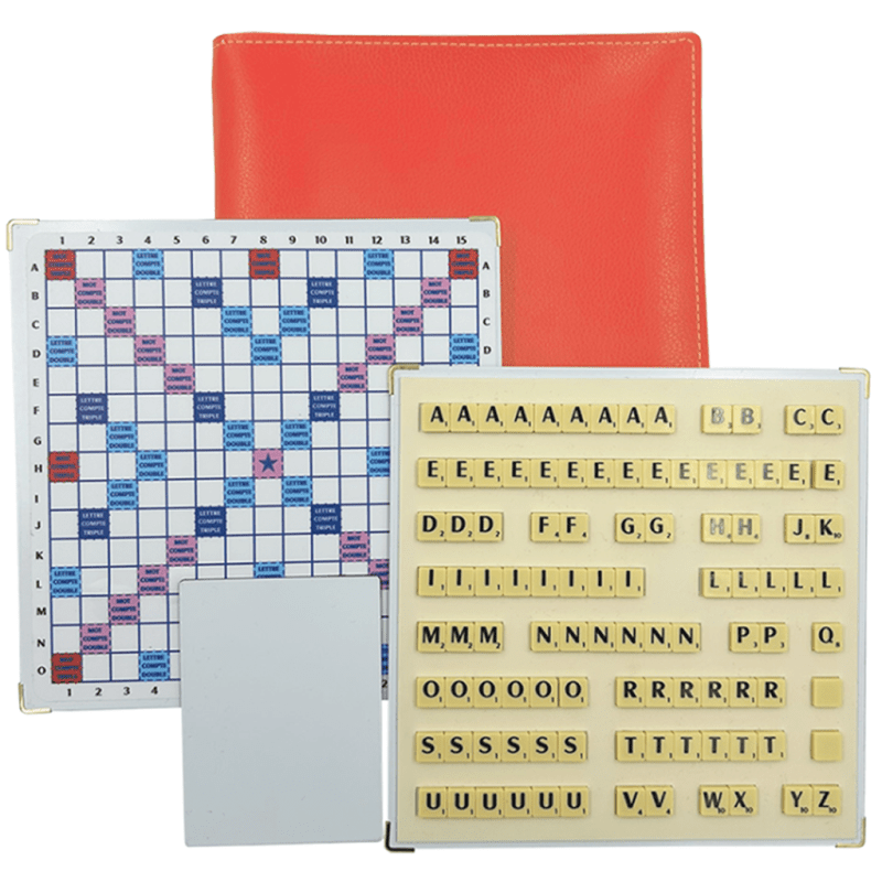 Scrabble Duplicate ou de Voyage en Cuir Vegan - Magnétique - Corail - Jeux de Lettres et de Chiffres cadeau bel objet - Rouge et Noir